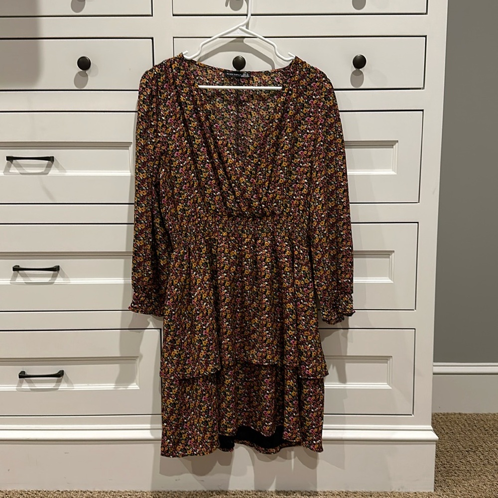 V-neck, floral print mini dress with ruffles